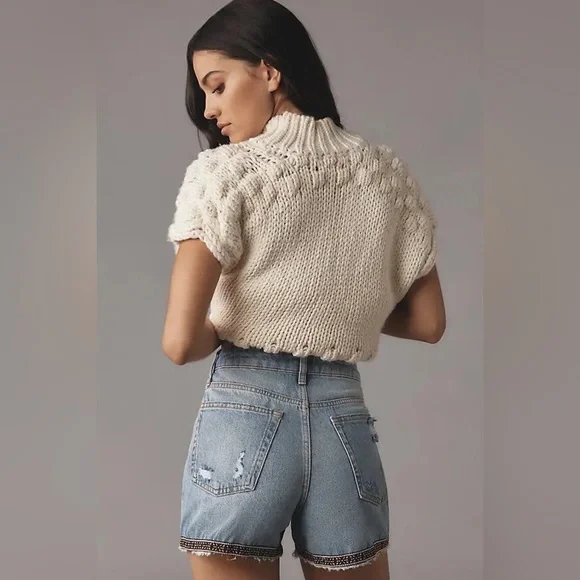 Anthropologie Pilcro Distressed Blue Jean Shorts with Embroidered Hem - Picture 13 of 13